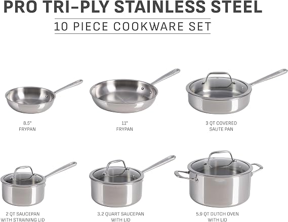T-fal Pro Tri-Ply Stainless Steel Cookware Set, 10 Piece-Induction Compatible, Oven Safe 500F, Lids-350F, Even Heat, Professional Quality, Durable, Induction Pots and Pans Set, Silver