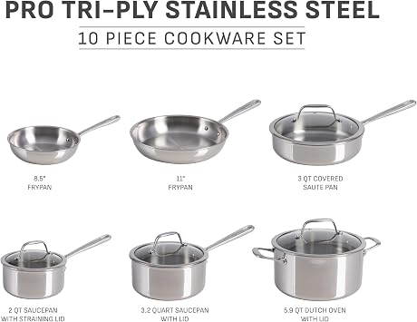 T-fal Pro Tri-Ply Stainless Steel Cookware Set, 10 Piece-Induction Compatible, Oven Safe 500F, Lids-350F, Even Heat, Professional Quality, Durable, Induction Pots and Pans Set, Silver