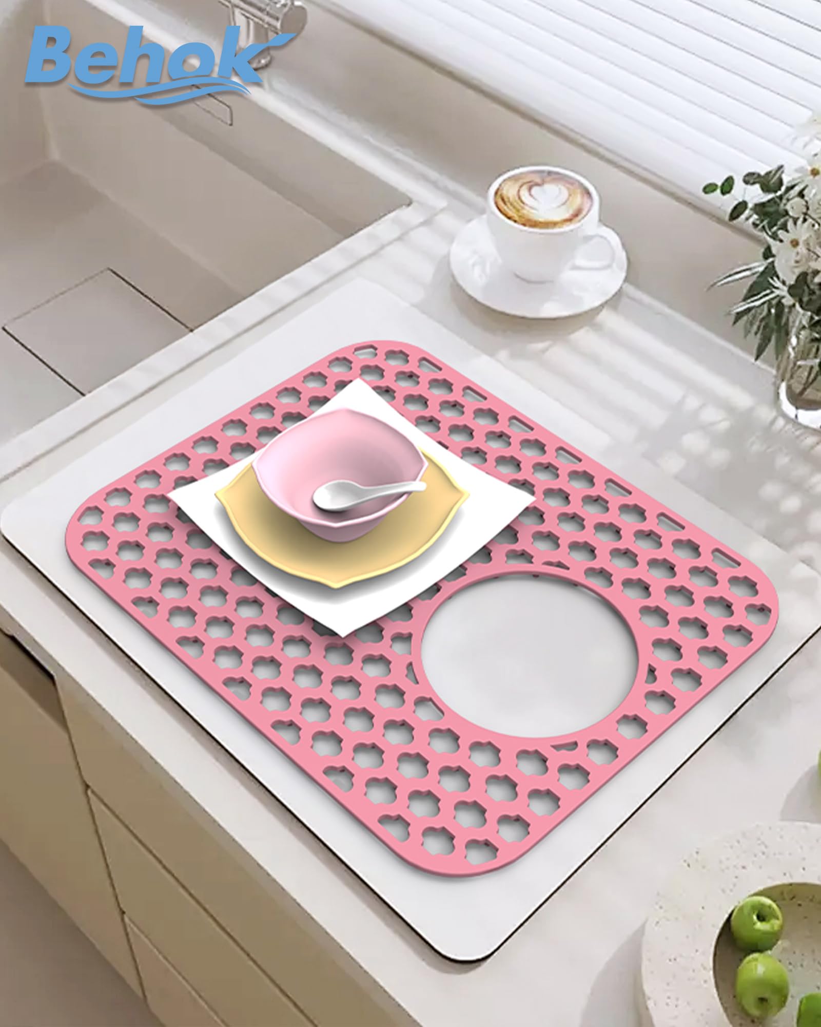 Paquete de 2 protectores de silicona para fregadero de cocina y baño, tapete de fregadero de 34,5 x 29,5 cm, antideslizante y duradero, protector de fregadero de silicona, drenaje trasero, color