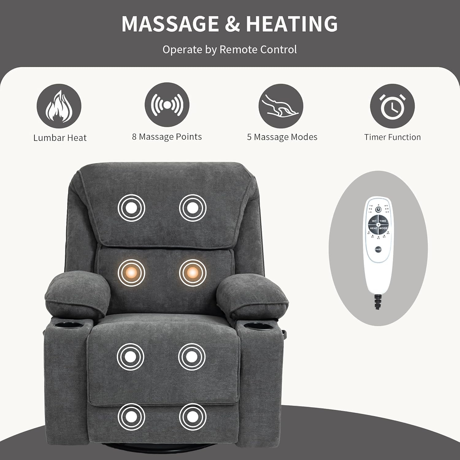Massage Rocker Recliner Chair with Heated,Overstuffed Recliner Chairs,Swivel Rocking Recliners for Living Room (Dark Gray-Set of 2)