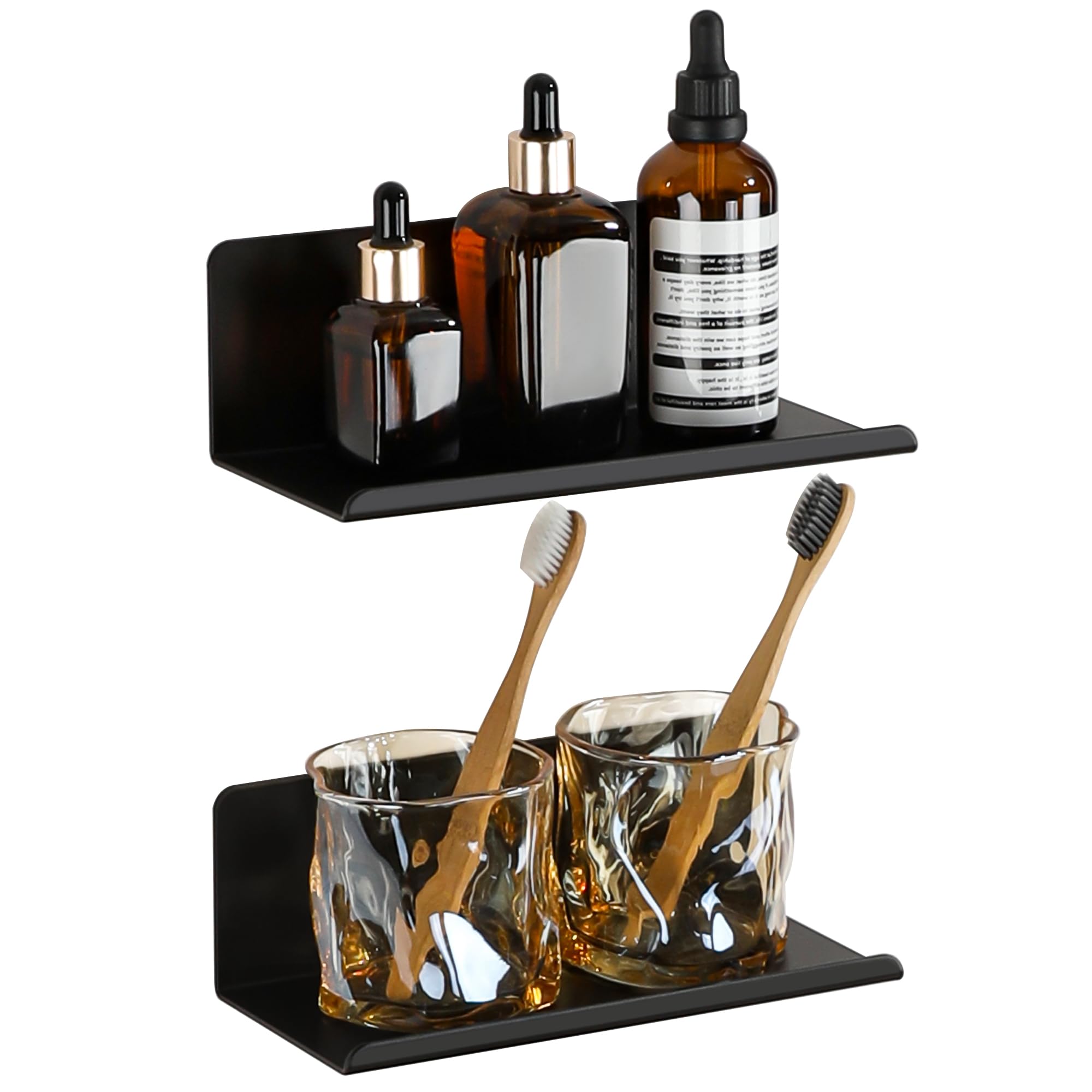 SAYAYO Black Floating Shelves, 20CM Small No Drill Shelf for Wall, Picture Book Display Shelves for Living Room, Bedroom, Bathroom, Kitchen, Adhesive or Screws Fixing, Set of 2