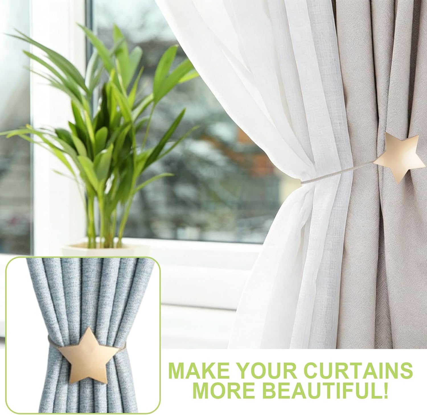 Curtains Fixing Accessories with 2Pcs Magnetic Curtain Tiebacks & 4Pcs Magnetic Curtain Closures for Home Office Draperies(Gold Star)