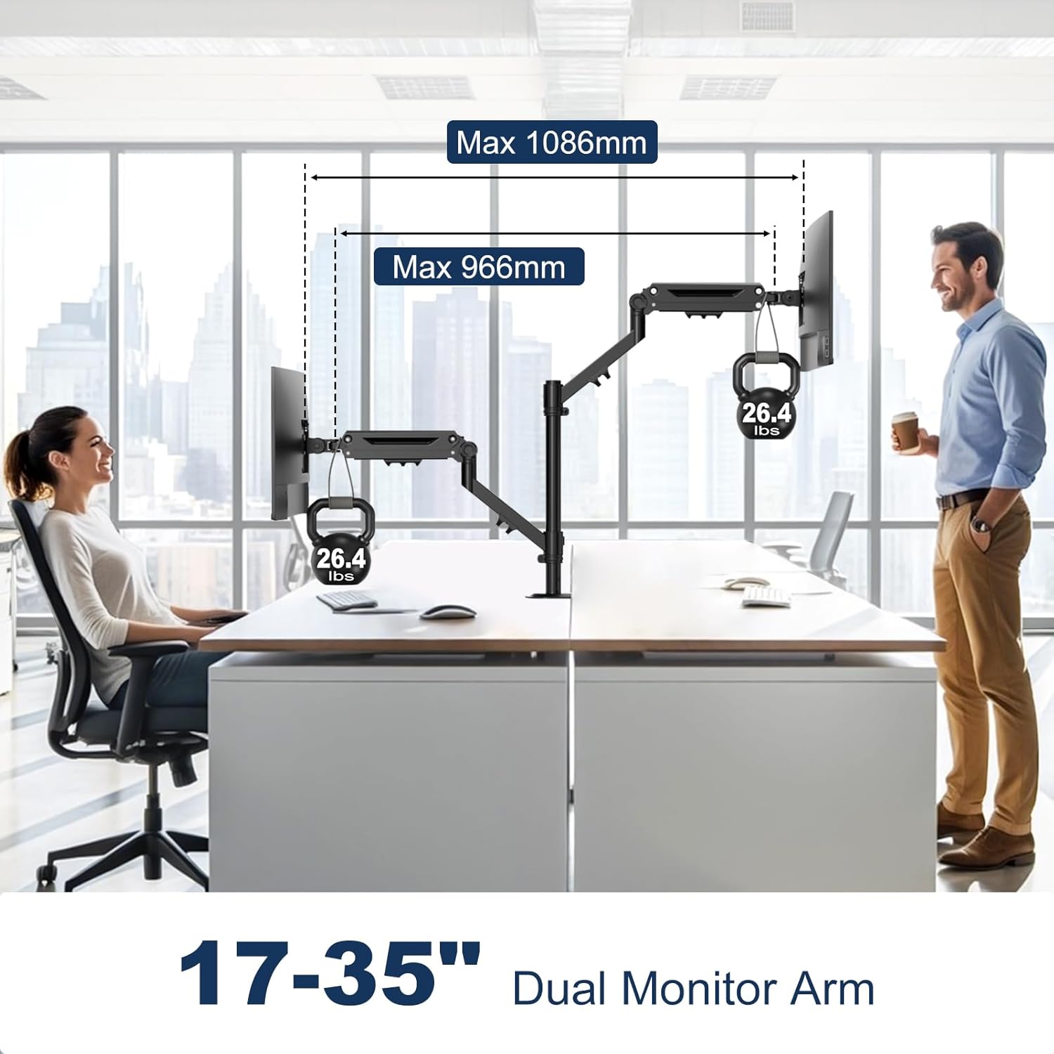 Dual Monitor Mount for 17 to 40 inches, Holds up to 26.4 lbs, Monitor Desk Arms for 2 Monitors Vertical/Parallel Placement, with Clamp/Grommet Base, VESA Mount 75/100 mm