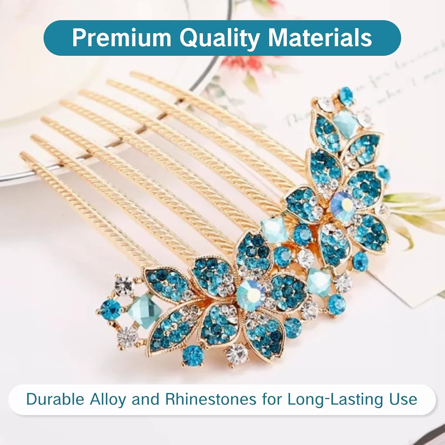 NIIIYTYB Decorative Hair Combs for Women Teal Rhinestone Flower Hair Comb Jeweled Decorative Hairpin Barrette Fancy Clip Accessories Rhinestone Brooch Elegant Comb for Women Floral Blue Ornament - Image 3