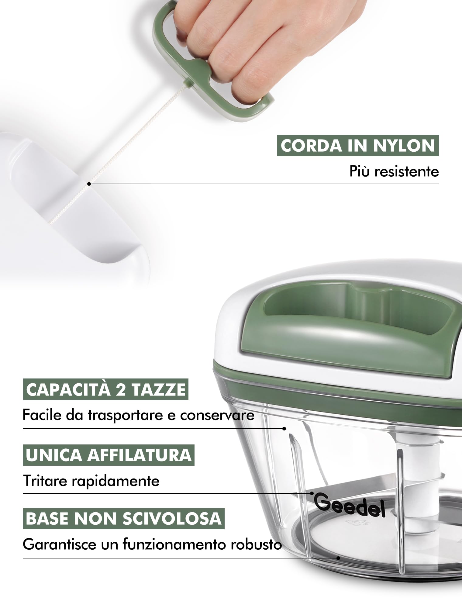 Tritatutto Manuale A Corda - Con 3 Lame Acciaio Inox Per Verdura, Frutta E Noci - Facile E Sicuro