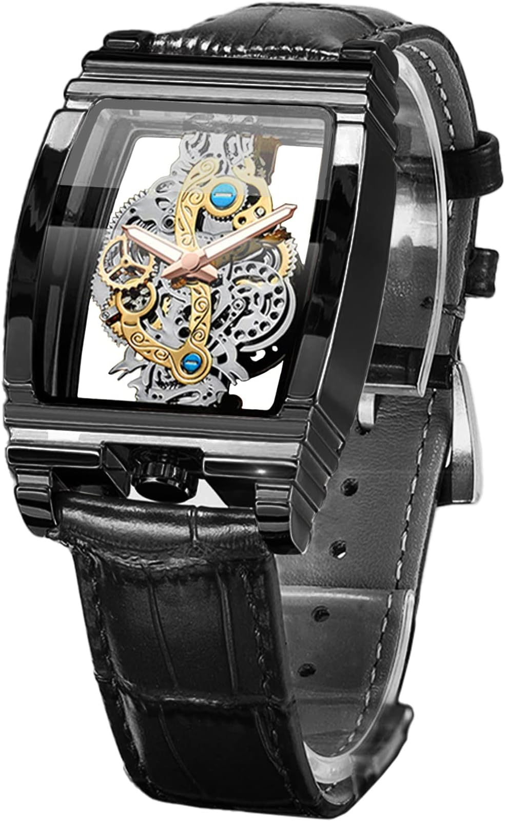 FORSINING Men's Luxury Hollow Skeleton Watch Retro Gorgeous Gear Carving Design Rectangle Tonneau Large Dial Leather Belt & Stainless Steel Band Quartz Wristwatch Not Mechanical Watches