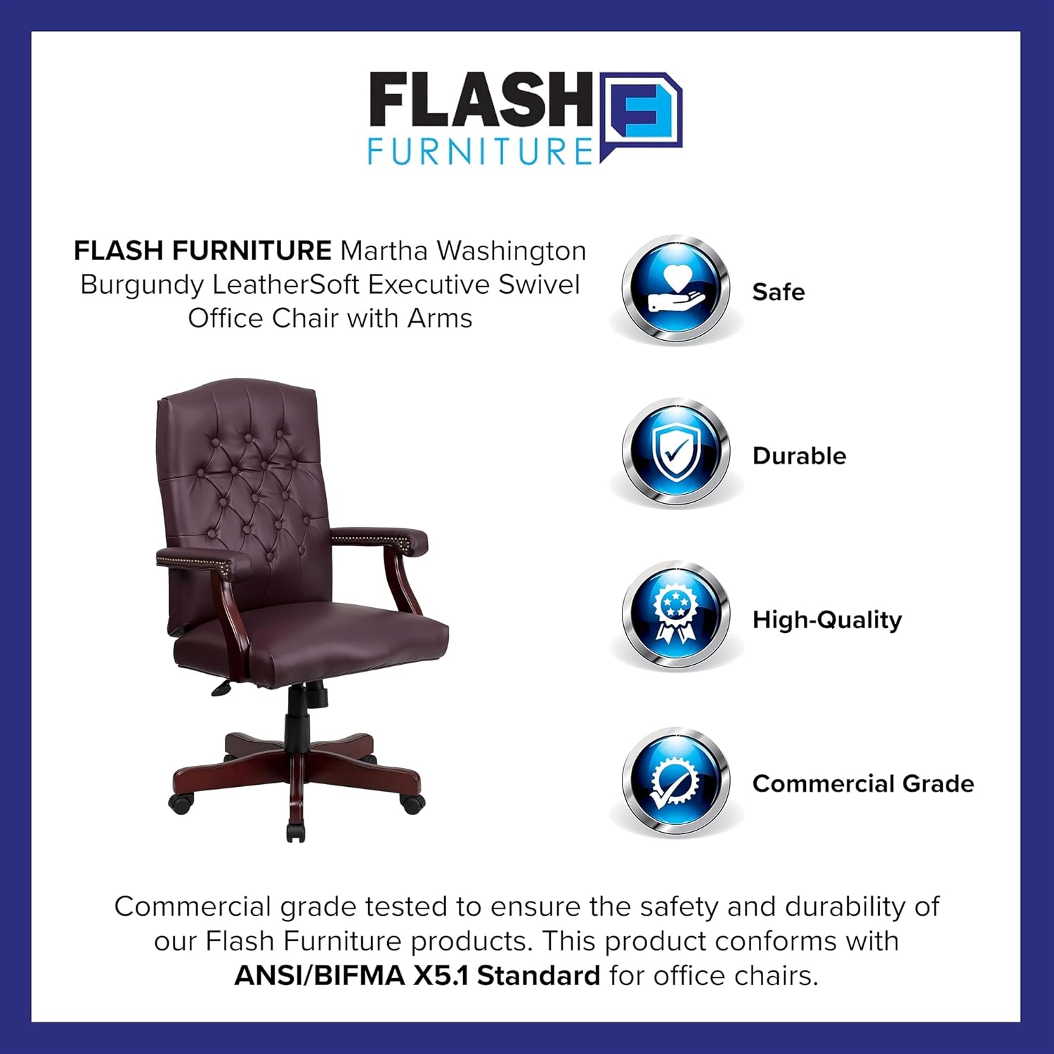 Pemberly Row Contemporary Leather Swivel Office Chair, Burgundy Finish, 47" H x 33" W x 33" D, LeatherSoft Upholstery, High Back with Button Tufting, Adjustable Height, Wood Base, Executive Desk