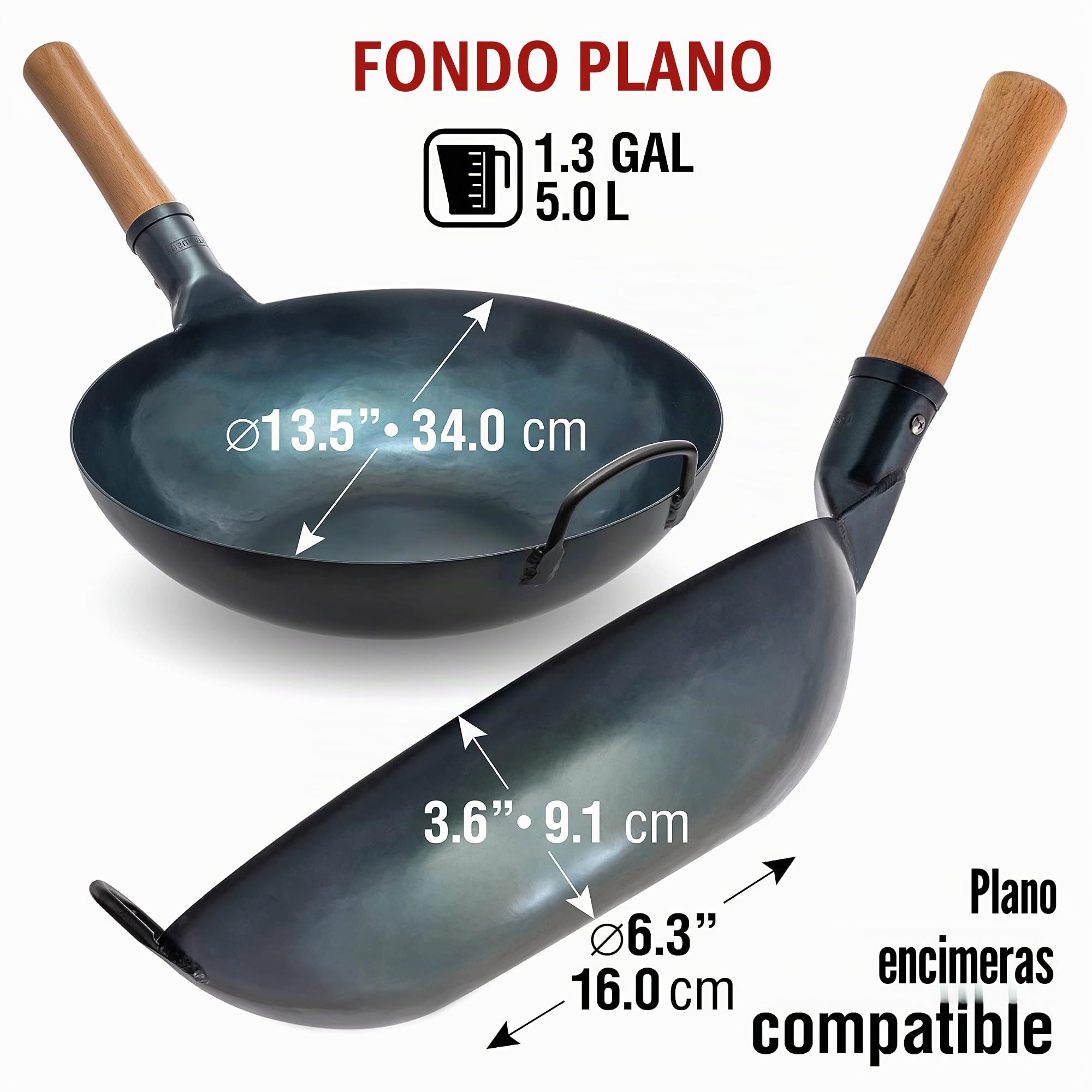 YOSUKATA Sartén Wok de Acero al Carbono 34 cm + Tapa Para Sartén Wok de Madera Natural de 34 cm