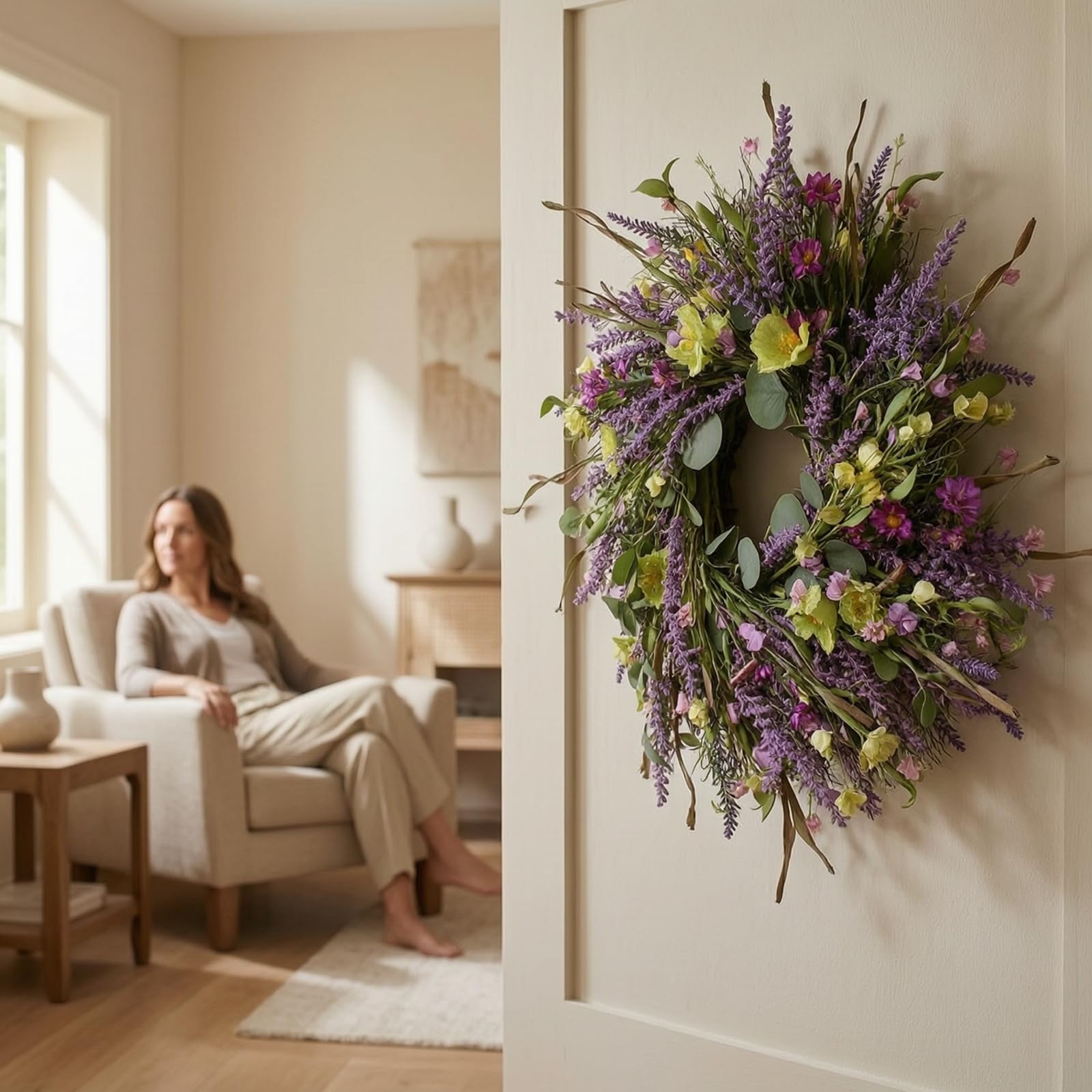 Ghirlanda di Lavanda Artificiale Corona Floreale Ghirlanda Corona Decorativa con Foglie E Gialli Struttura Rotonda Aspetto Primaverile Adatta per Porta di Casa Pareti Interne