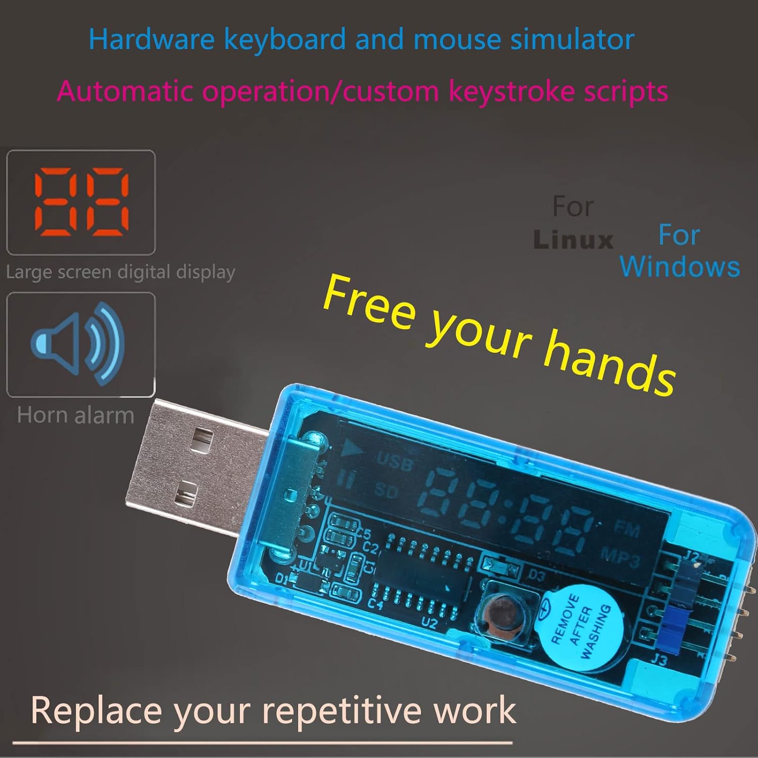 JAGTRADE USB 2.0 Keyboard and Mouse Emulator with text 'Hardware keyboard and mouse simulator, Automatic operation/custom keystroke scripts, For Linux, For Windows, Free your hands, Replace your repetitive work'