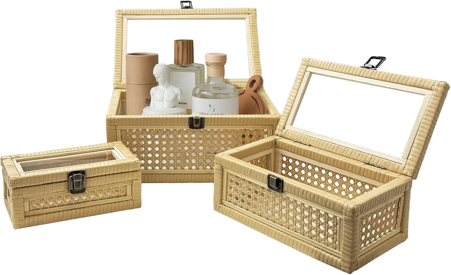 Rattan Decorative Boxes with Lid 3 Packs, Woven Cane Storage Box Rectangular Set of 3, Rattan Box with Acrylic Lid for Home Decor