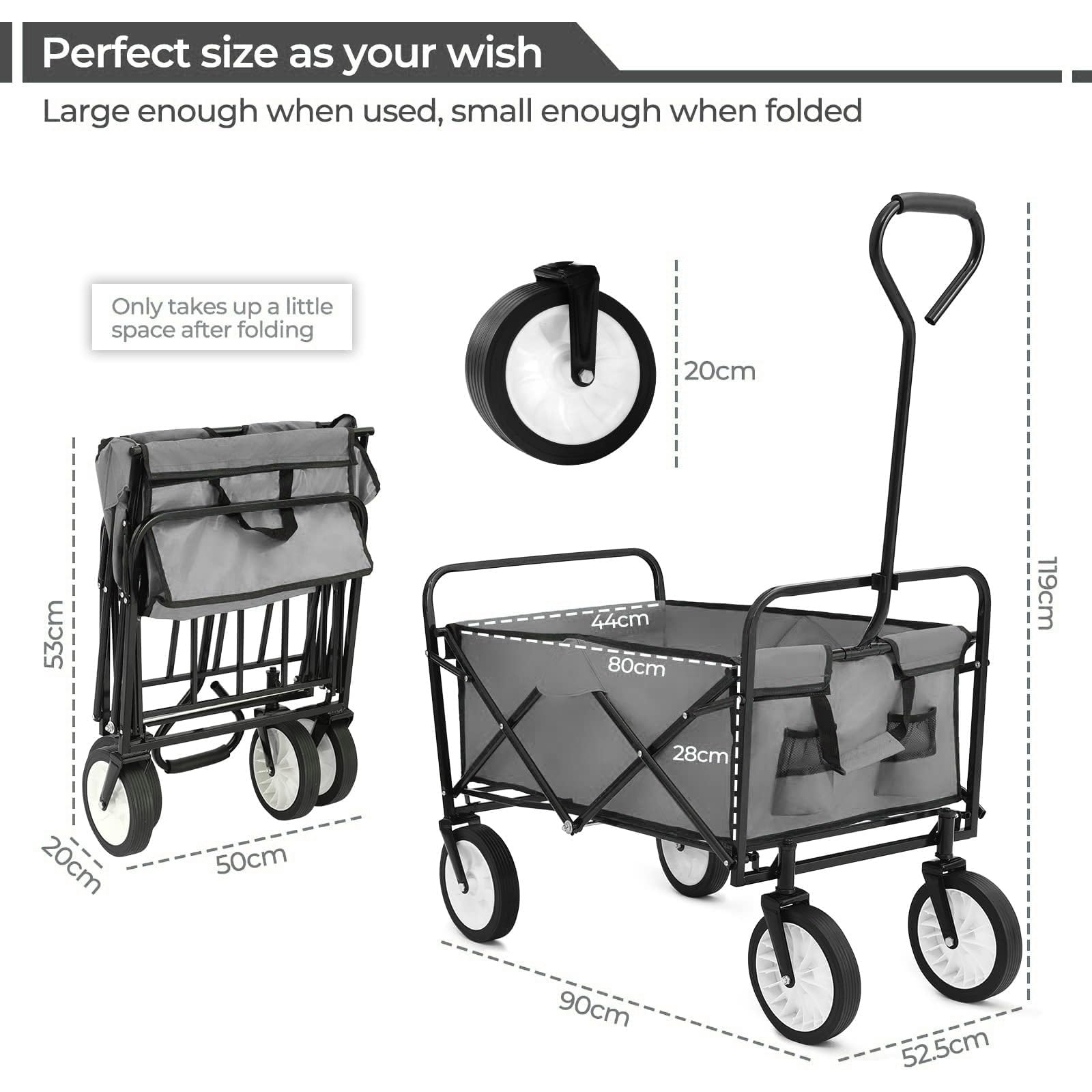 Carrello Pieghevole, 98L Carico Massimo 80 kg Carrello a Mano da Giardino, Carrello da Spiaggia, per Il Trasporto, con Tasca Laterale, per Attività All'aperto, Spiaggia, Campeggio, Grigio