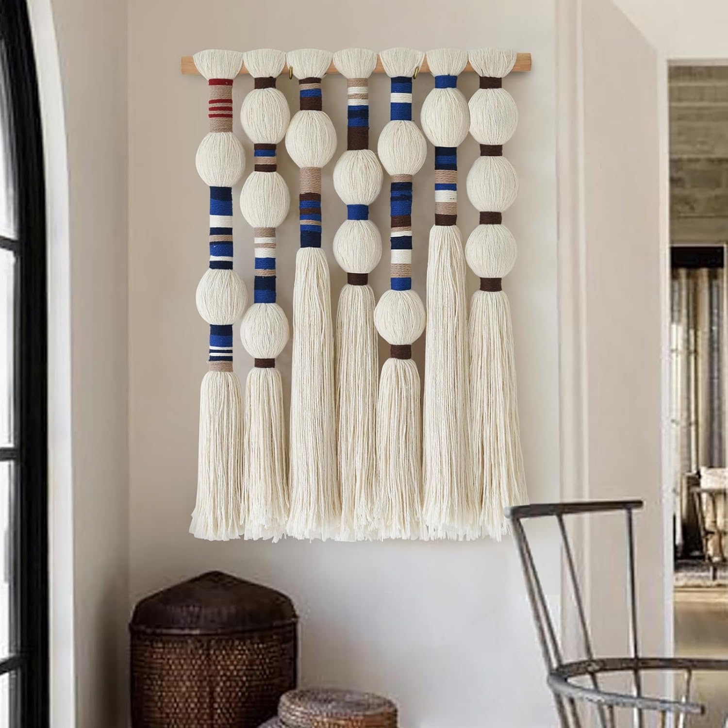 Flber Macrame Wall Hanging Woven Blue Handmade Cotton Yarn with Ball-shaped Tassels Geometric Boho Wall Decor for Bedroom & Living Room 15.7" Wx 21.6" L