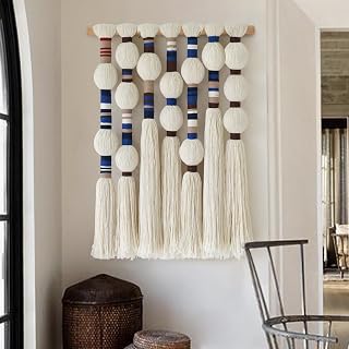 Flber Macrame Wall Hanging Woven Tapestries Handmade Cotton Yarn with Ball-shaped Tassels Geometric Boho Wall Decor for Bedroom & Living Room 15.7" Wx 21.6" L