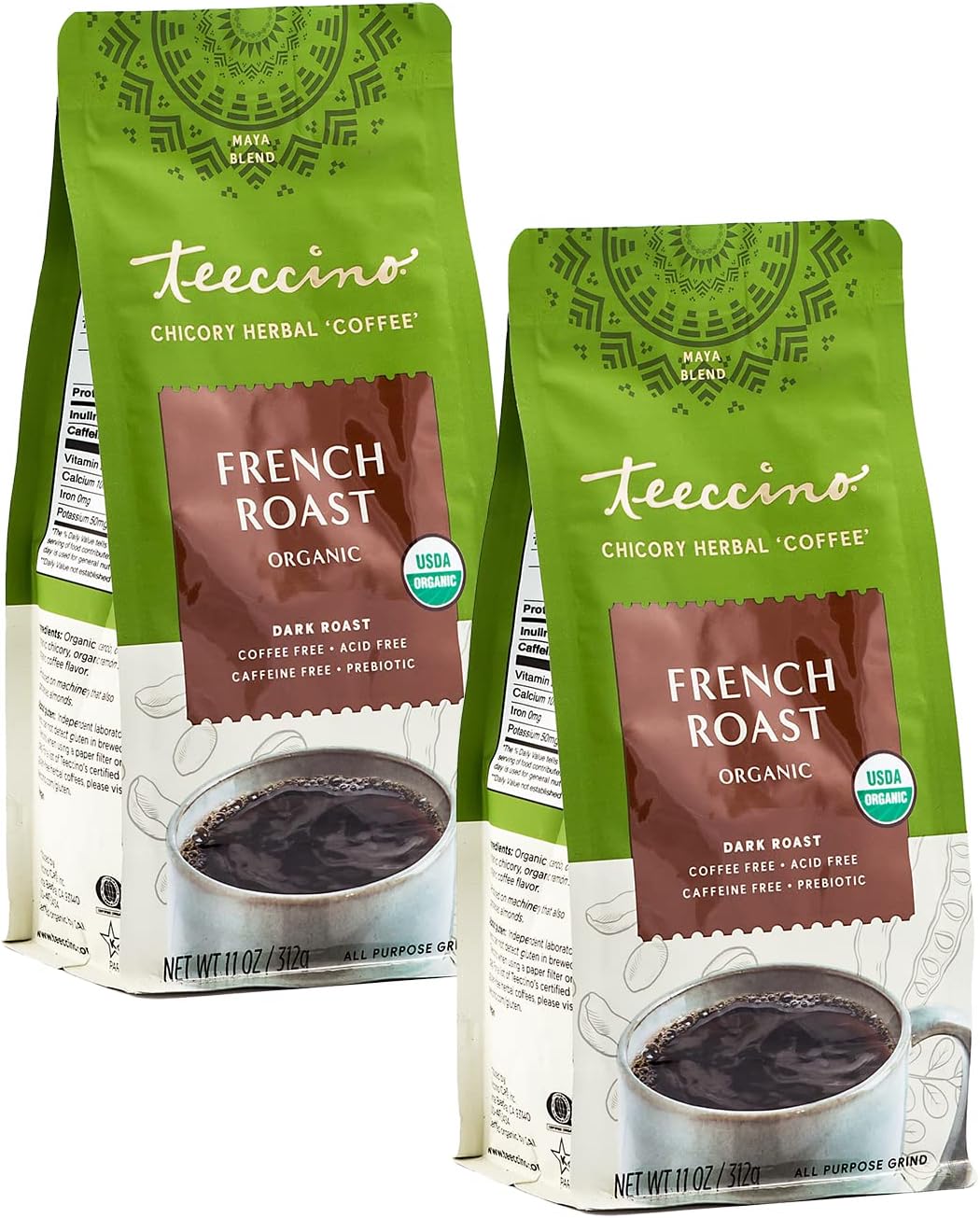 Teeccino Herbal Coffee Organic Caffeine-Free All-Purpose Grind Dark Roast French Roast - 11 Oz