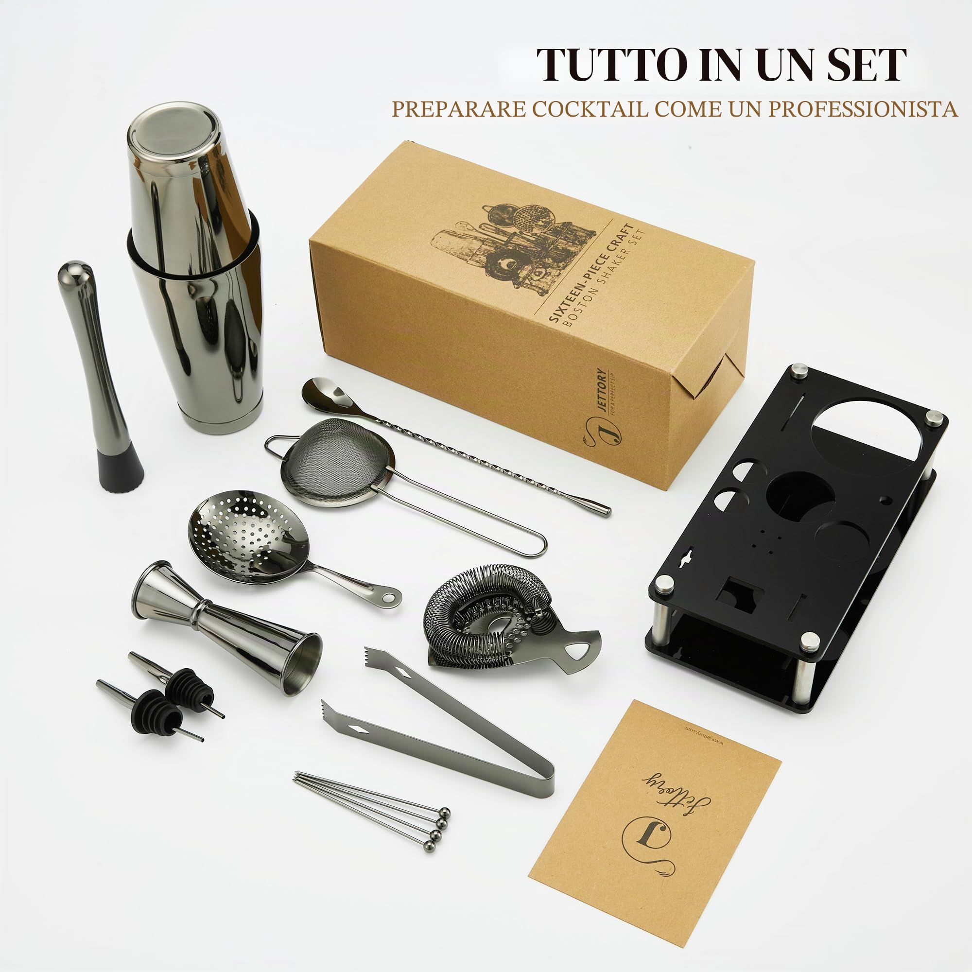 Boston Shaker Set – Set da Cocktail da 16 Pezzi in Acciaio Inossidabile 304 con Base in Acrilico, Colino, Pinza Ghiaccio, Cucchiaio da Bar, Misurino, Pestello, Versatori e Cocktail Picks