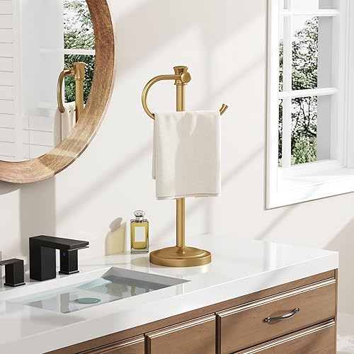 Miniatura 2 de BESy 17 Inch Brushed Gold Stand Towel Bar Hanger Hand Towel Bar Bathroom Vanity Countertop Towel Holder Free Standing Stainless Steel Towel Ring