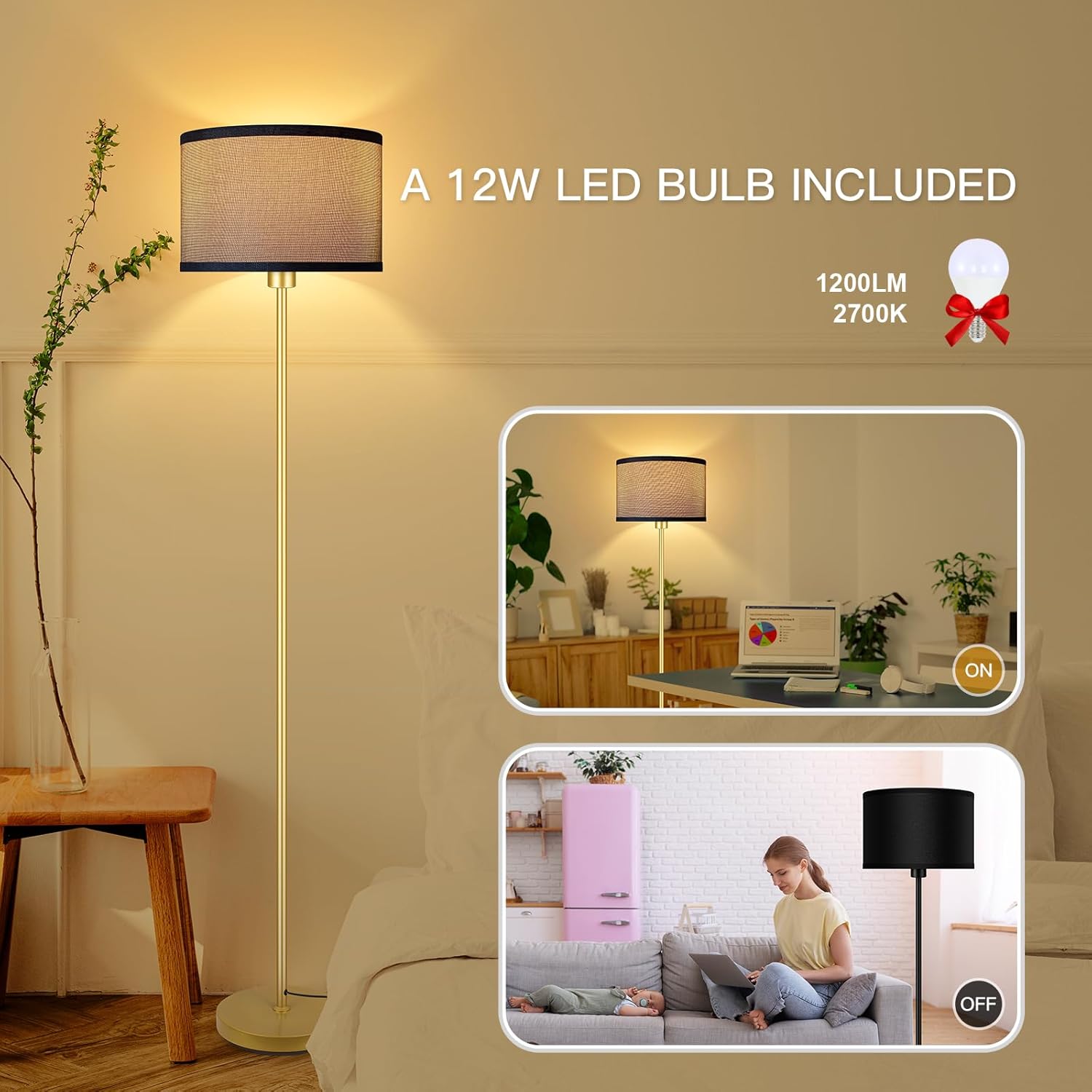 Floor Lamp Gold, Standing Lamp, 58" Small Tall Lamps with Jute Lampshade, Simple Pole Lamp for Bedroom, On/Off Footswitch, Gold Lamps for Living Room/Office/Boho,Christmas Gift for Kids(No Bulb)