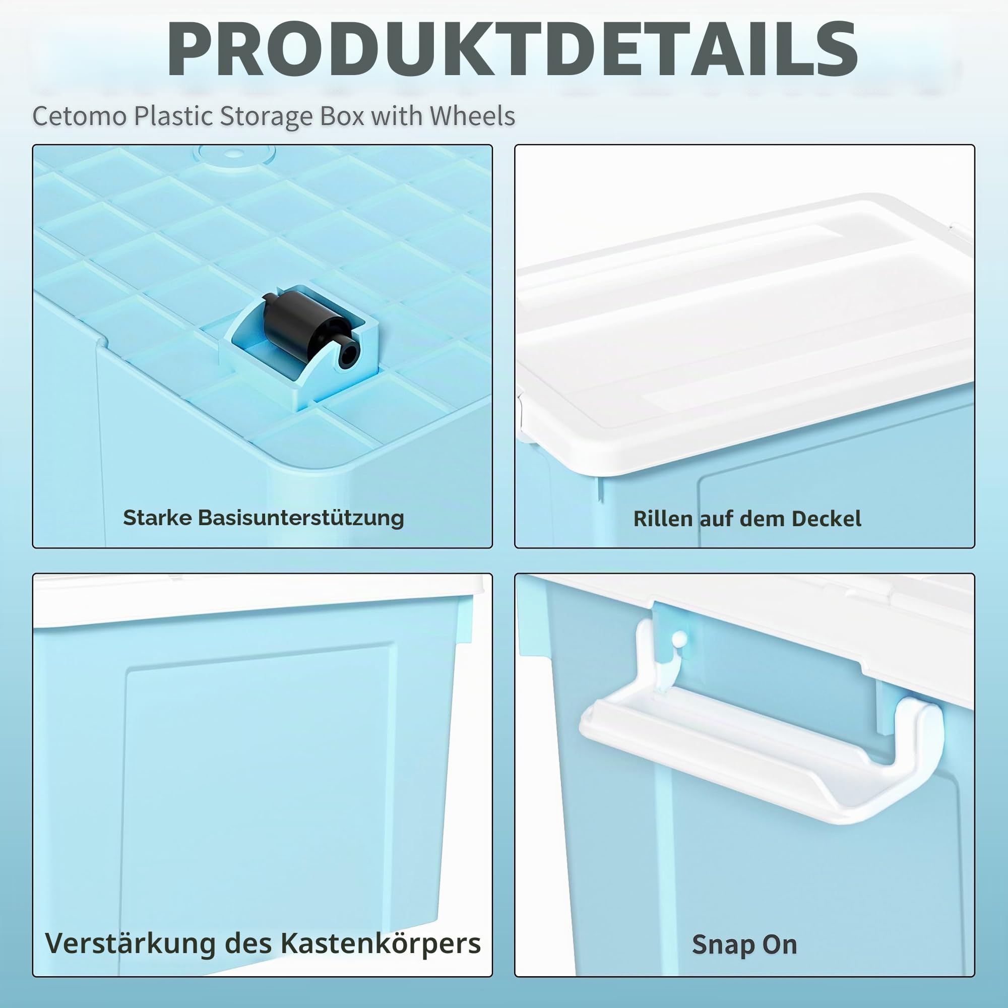 Cetomo 90L*6 Aufbewahrungsboxen, Aufbewahrungsbox mit Rollen & Deckel, Organizer-Behälter mit Clips, Stapelbar, Ineinander Nestbar, für Zuhause und Büro, Kunststoff, Blau, 90L-6er Pack