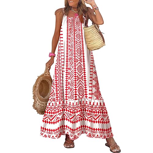 Dokotoo Women Summer Dresses 2026 Spaghetti Strap Scoop Neck Smocked Ruffle Flowy Boho Maxi Dress