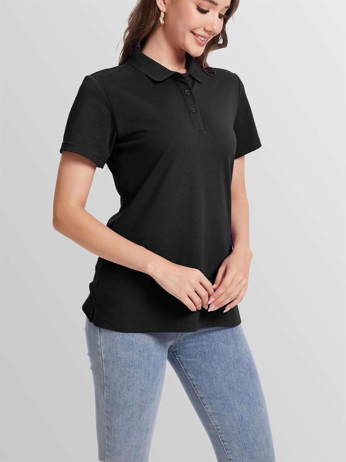 SMENG Women's Collared Cotton Pique Polo Shirts Short Sleeve 3 Buttons