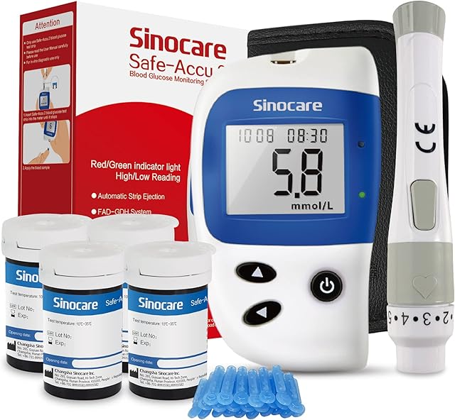 Blood Sugar Monitor, Sinocare Safe Accu2 Blood Sugar Test Kit with 100 Test Strips, 100 Lans, Light Indicator, No Coding, Easy to Use, Diabetes Testing Kit Home Use UK, mmol/L