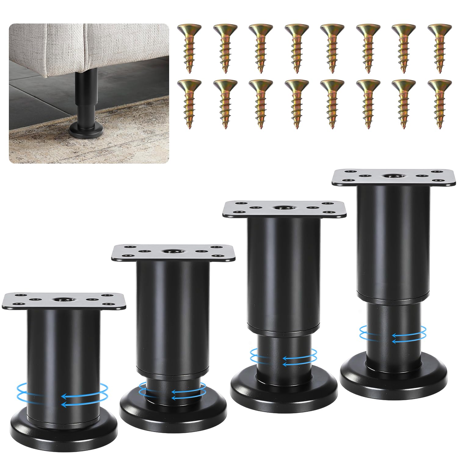 ACOMTUO 4 Stück Möbelfüße Verstellbar, 80mm - 120mm Metall Verstellbare Möbelfüße, Möbelfüße Höhenverstellbar Schwarz für Schrank Sofa Füße Schrankfüsse Bettfüße Sockelfuß Tischbeine Küchenfüße