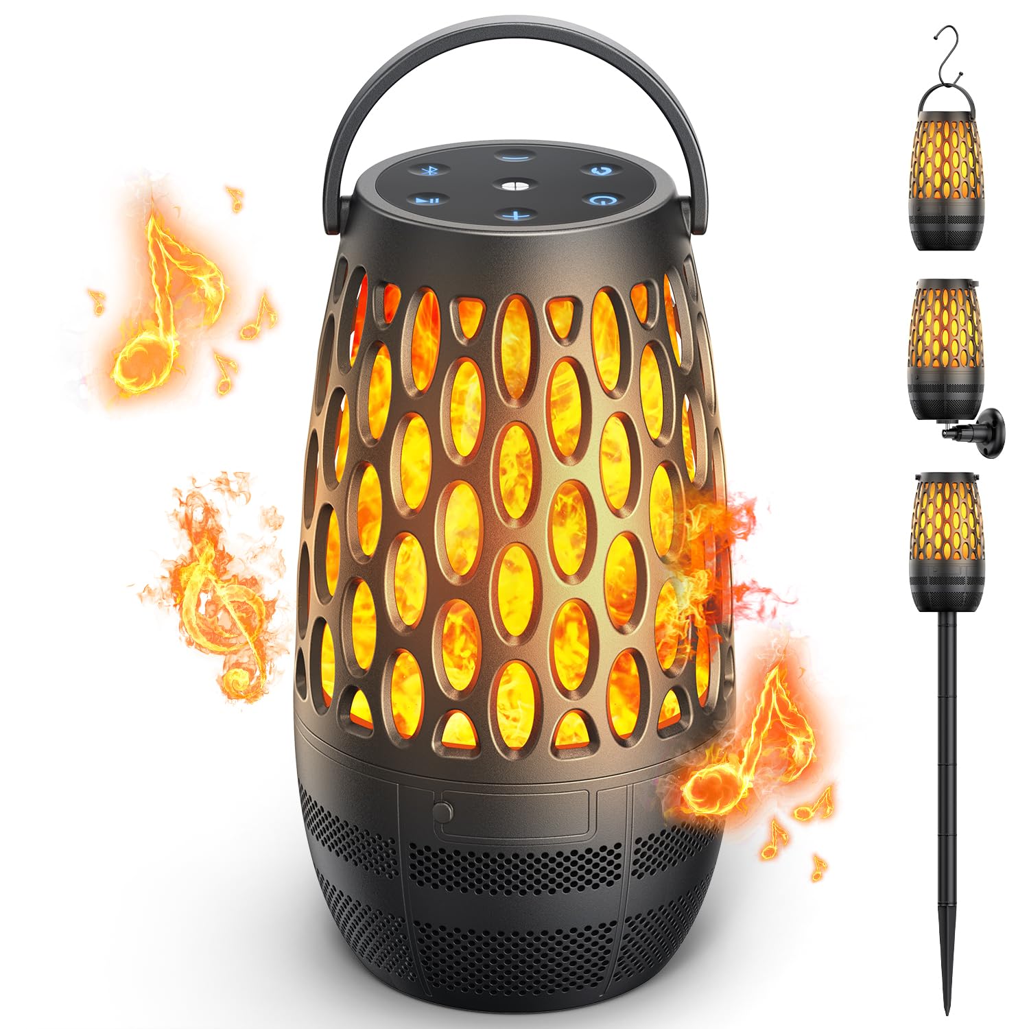Outdoor Speakers Bluetooth Waterproof IPX6 with Flame Lights, Gadget Gifts for Dad, Hd Stereo Sound, BT 5.3 Multi-Sync to 100 Speakers, Portable Wireless Speaker for Patio (Metallic Black)