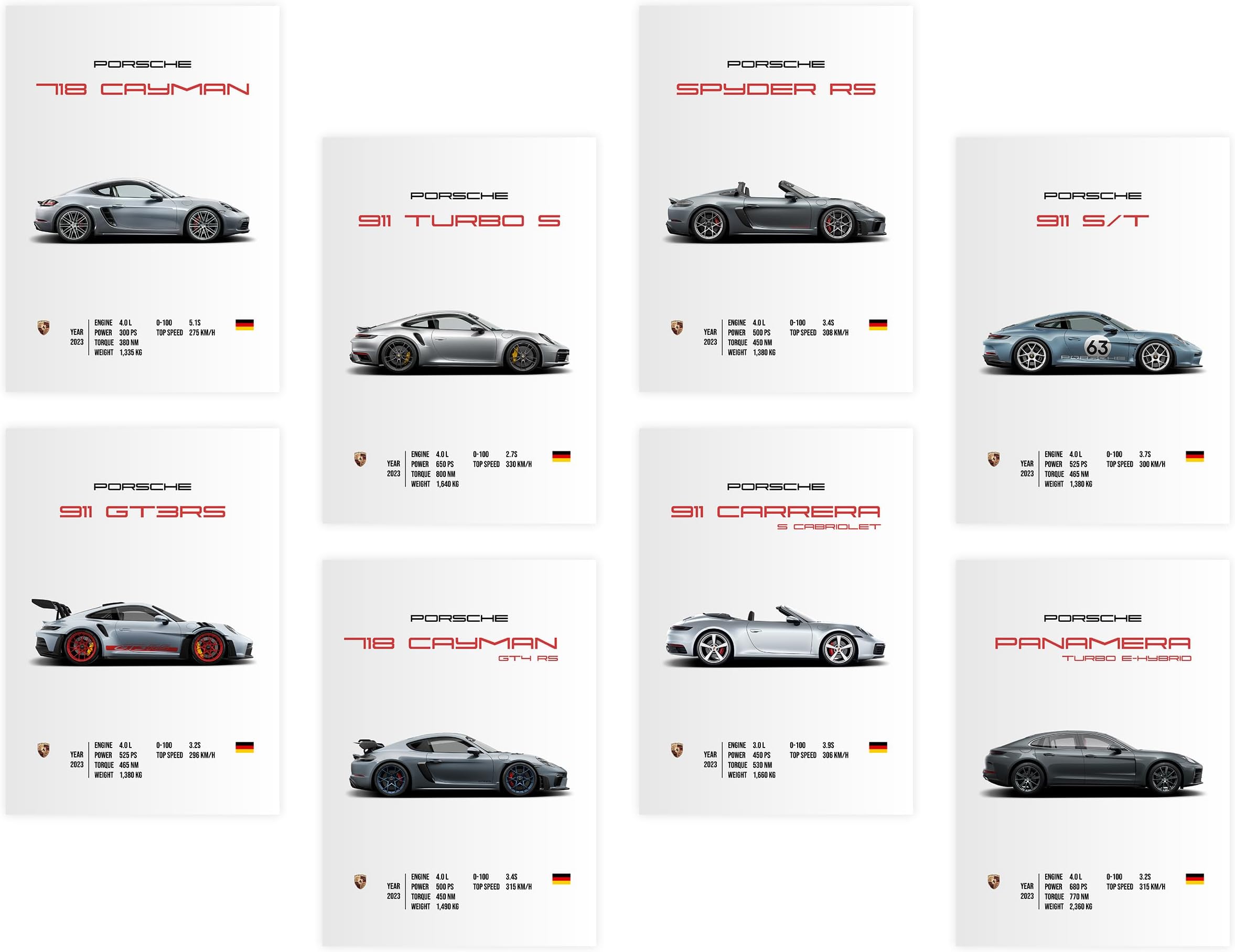 CodersParadise Pack of 8 - Porsche Sports Cars Wall Posters 8x12 inch (A4 Size) Included Glue dots Wall Decor Posters Wall Art For Bedroom, Living room, Office, Dining Room-Cardstock