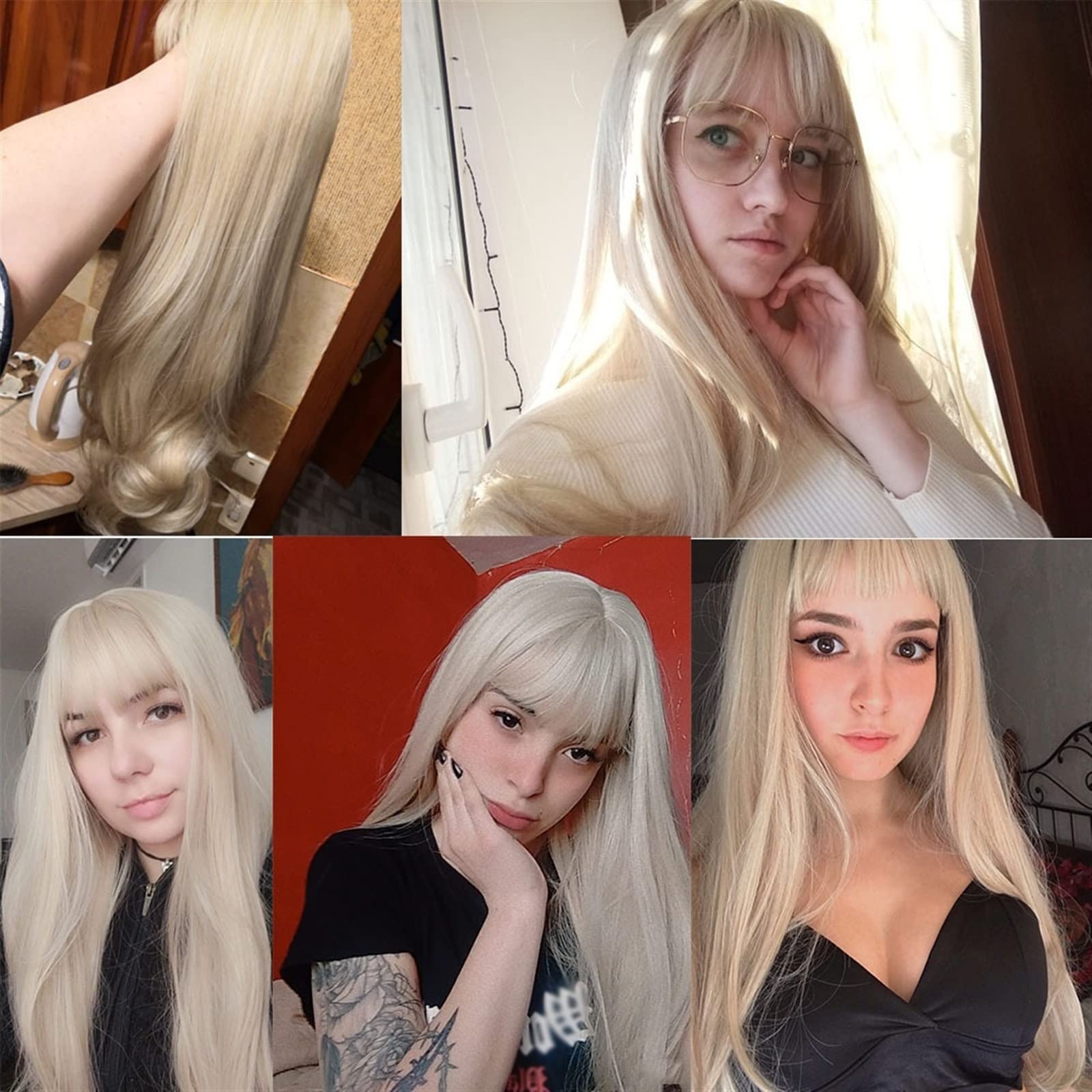 Human Hair Wigs Parrucca Parrucche lunghe ondulate naturali for donna, parrucca bionda platino da 24 pollici con frangia Parrucca sintetica resistente al calore for cosplay di feste quotidiane Natural