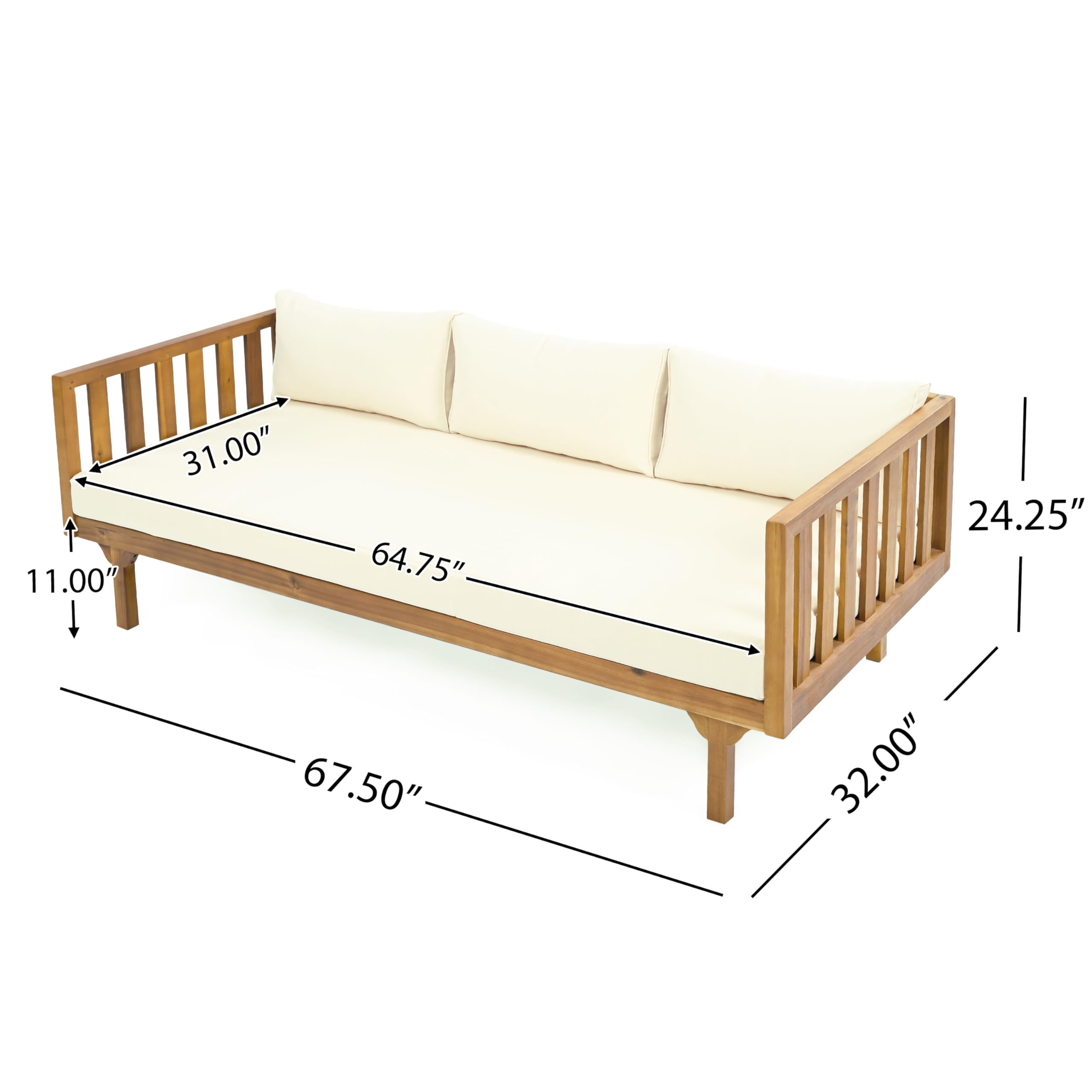 Claremont - Sofá cama de madera de acacia para exteriores de 3 plazas con tela resistente al agua y cojines extraíbles, sofá junto a la piscina con reposabrazos y respaldo de 3