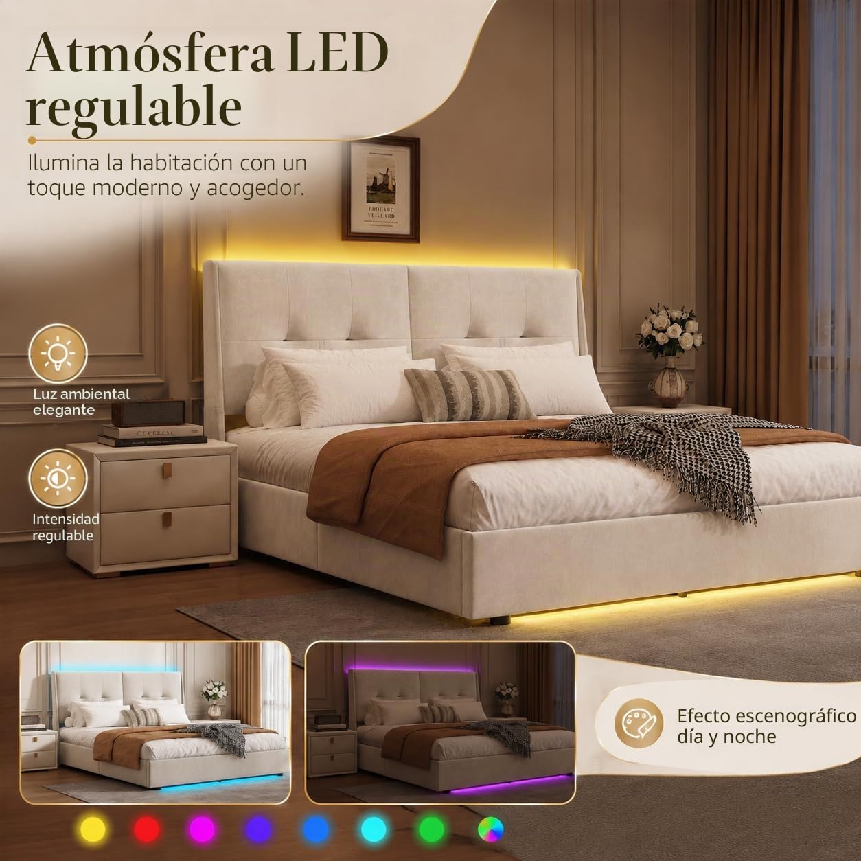 Cama Acolchada De Matrimonio 160 X 200 Cm, Estructura Para Cama Con LED, Almacenamiento De Elevación Hidráulica, Respaldo Cómodo, Somier De Láminas, Franela Beige