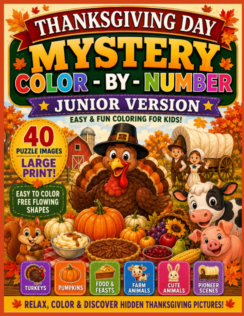 Thanksgiving Day Mystery Color by Numbers Junior Edition: 40 Large-Print Mystery Puzzles with Easy-to-Color Shapes Featuring Turkeys, Pumpkins, Farm ... Surprises (Holiday Mystery Mosaics)