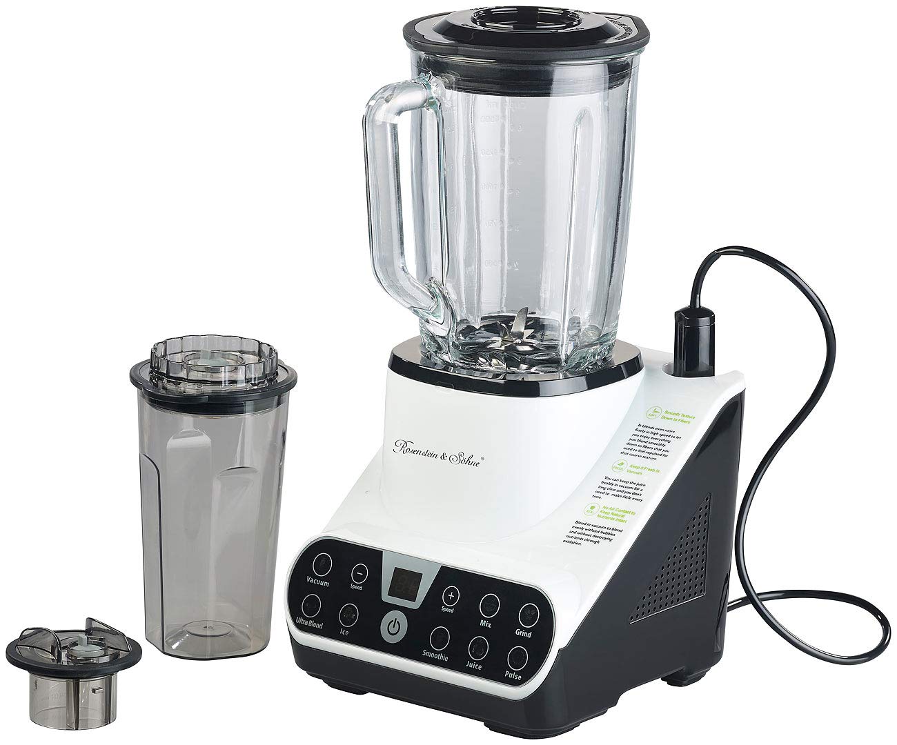 Rosenstein & Söhne vacío mezclador: Batidora de pie con función de vacío y pantalla táctil LED, 1,5 l, 1300 W (Procesadores de comida, Mezclador de alto rendimiento, Envasadoras al vacío)