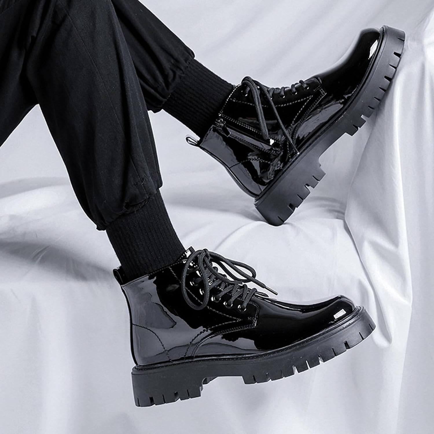 Men's Black Patent Leather Platform Combat Boots Fashion Side Zipper Wide Toe Lace Up Chunky heel High Top Motorcycle Boots Comfort Waterproof Non-Slip Casual Ankle Booties