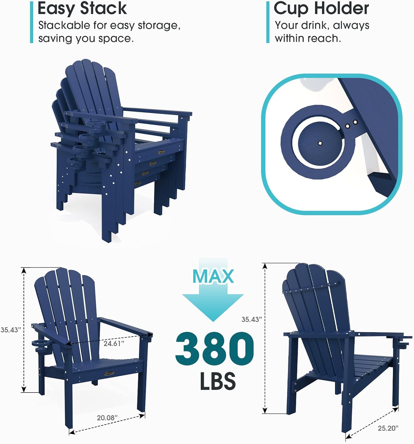 THOEOE Stackable Adirondack Chair Set of 2, HDPE All-Weather Adirondack Chairs - Durable and Space Saving, Plastic Outdoor Fire Pit Chairs with Cup Holder,Navy Blue