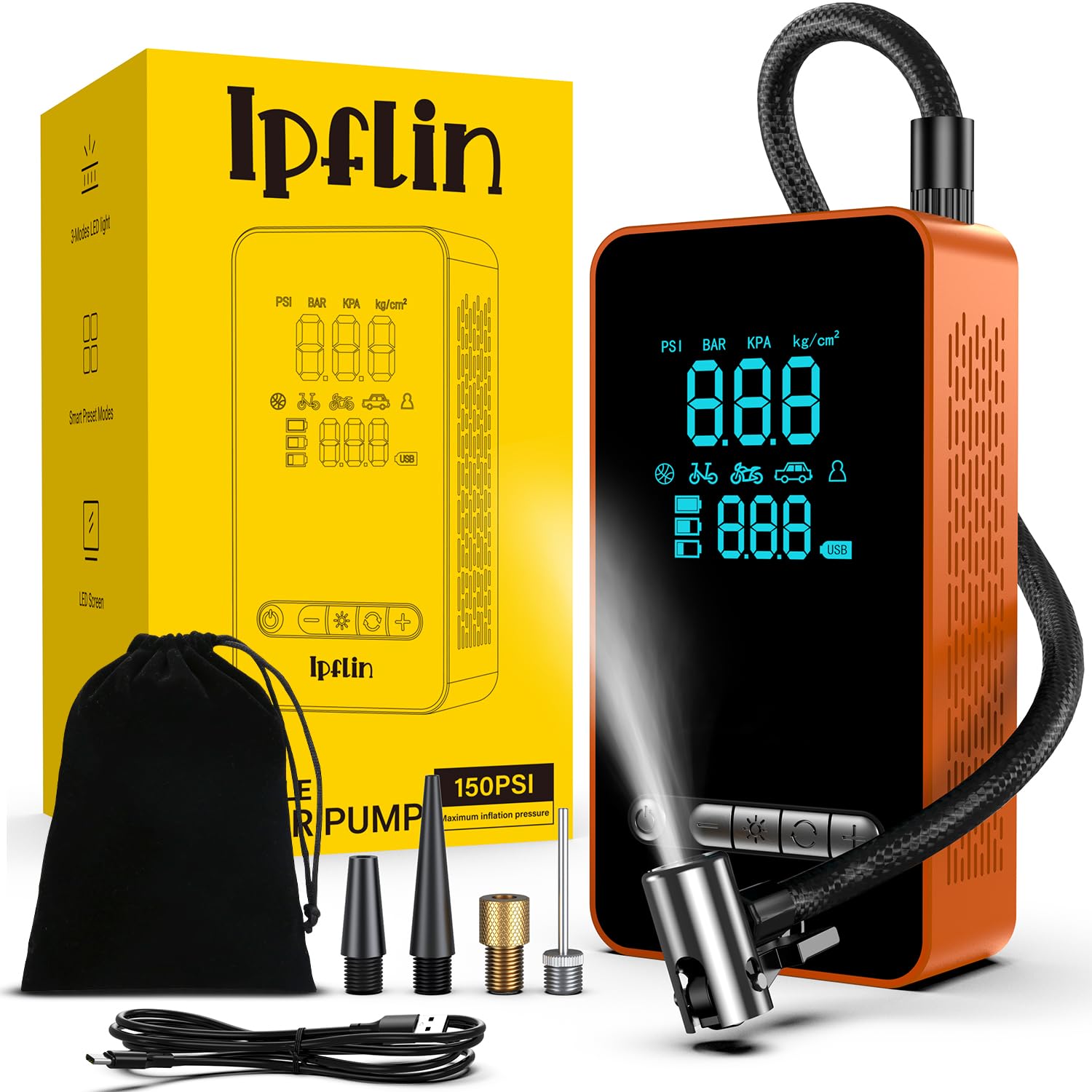 Ipflin Tyre Inflator Cordles Compressor - Portable Electric Bike Pump 150 PSI with Digital Display,Rechargeable Tyre Accessories for Car,Bike and Motorbike with Pressure Gauge and LED Light,Upgarde — view 9