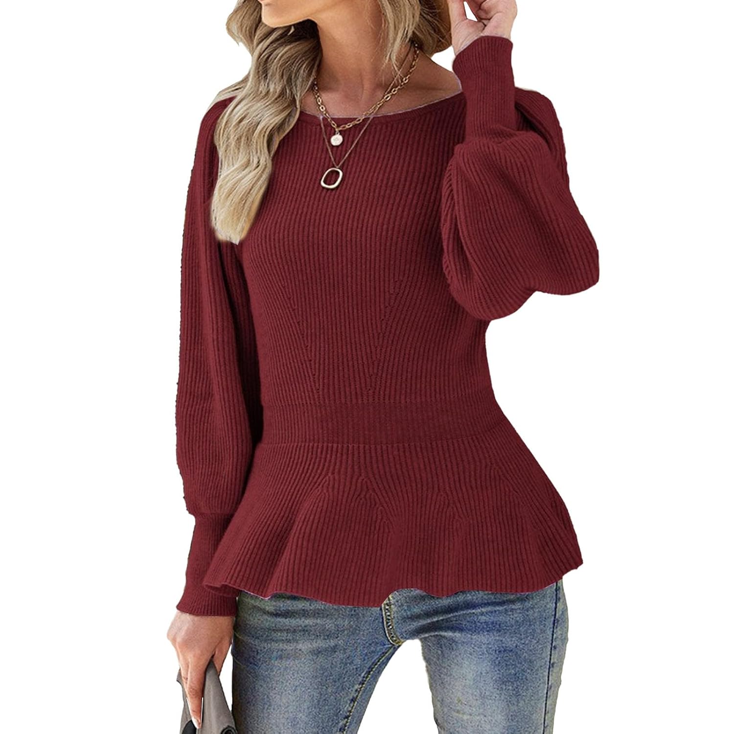 Womens Fall Sweaters Puff Sleeve Peplum Knit Pullover Jumper Tops Slim Fit Casual Sweaters for Women