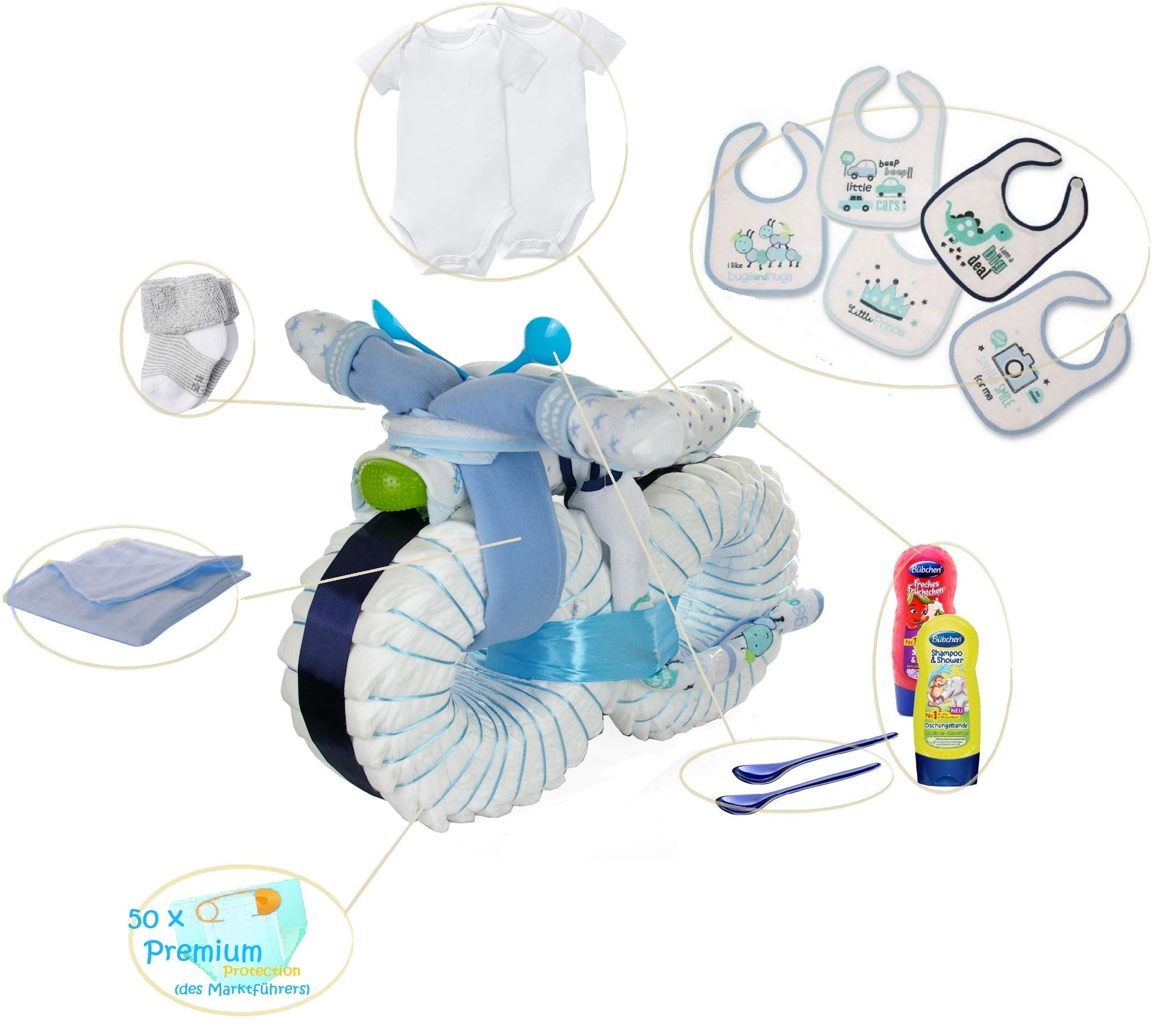 XXL Windelmotorrad #1 - blau | Geschenk zur Geburt, Babyparty & Baby Shower | Große Windeltorte Motorrad mit Babybodys, Lätzchen, Söckchen, Mullwindel und Pflegeprodukten