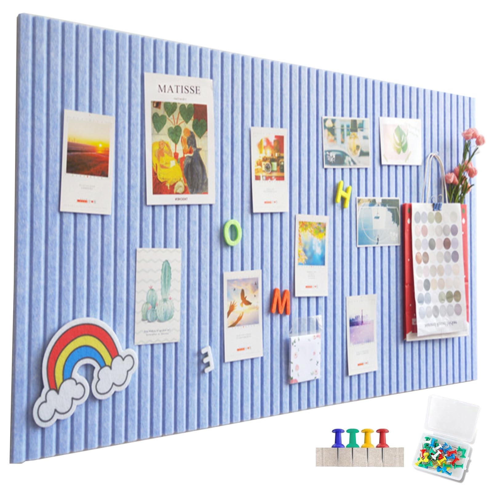 Large Felt Notice Board, Self-Adhesive, 60 x 40 cm, Felt Board, Vertical Stripes, Decorative Notice Board, Foldable Photo Board, Memo Boards, Bulletin Board for Office, Kitchen, Light Blue — image 1