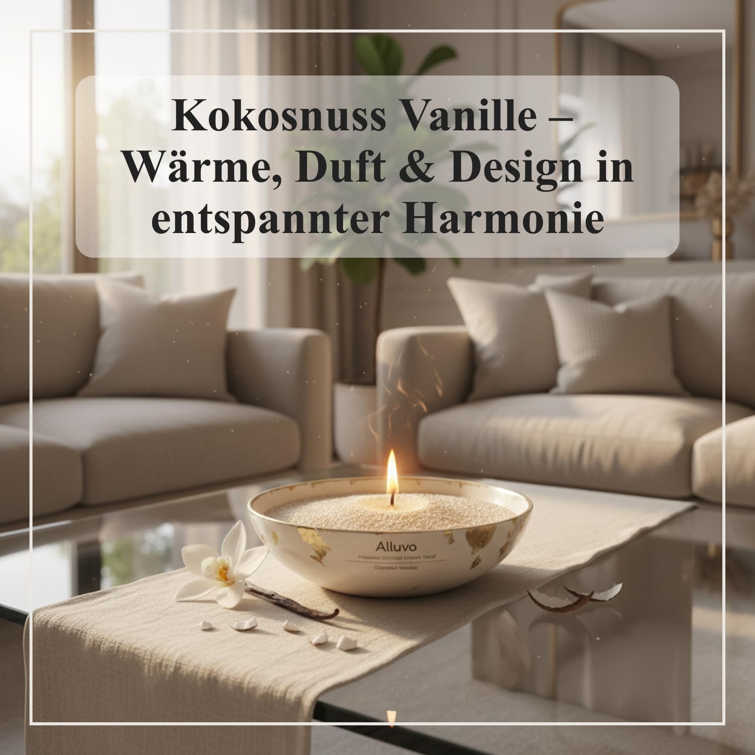Premium Kerzensand Vanille Kokosnuss 450 g, Duftkerzen-Sand beige inkl. 8 Dochte, pflanzenbasiertes, rußarmes Vanilla Coconut Duft Wachsgranulat, speziell geprüfte Qualität für saubere Raumluft