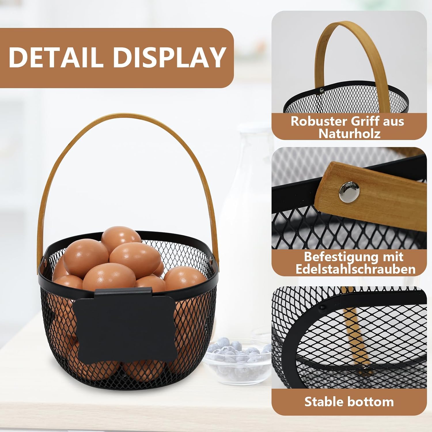 Farmhouse Egg Baskets for Gathering Fresh Eggs, Oval Metal Egg Collecting Basket Egg Holder with Wooden Handle, Countertop Kitchen Decor