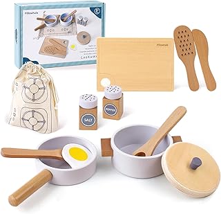 Pillowhale Wooden Toy Pots and Pans Cookware Playset for Kids Kitchen,Toddler Cooking Set,Pretend Play Kitchen Accessories for Toddlers Boys Girls Ages 3+