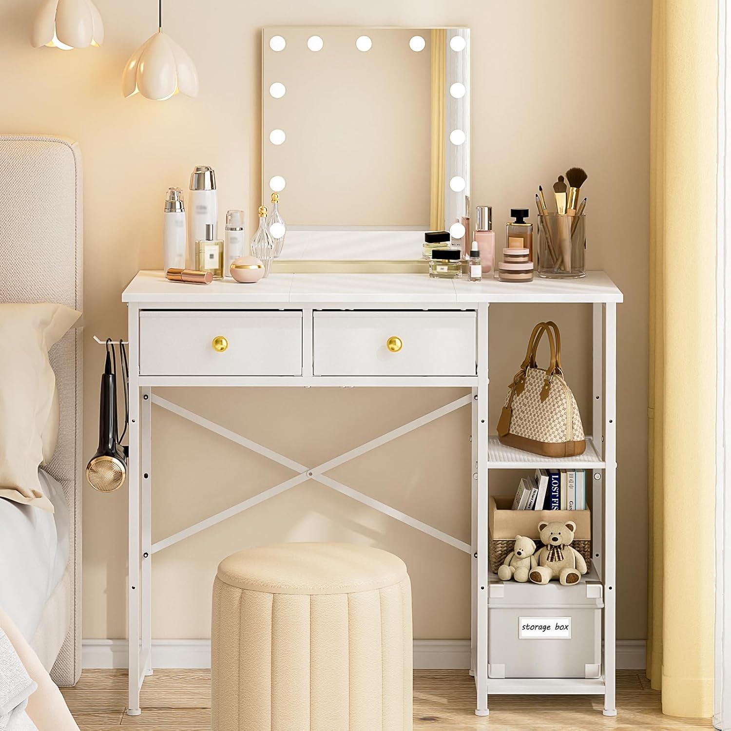 White Vanity Desk Without Mirror for Bedroom, Makeup Desk with 2 Fabric Drawers, Vanity Desk with Iron Hook, 36 Inches Vanity with Storage, White