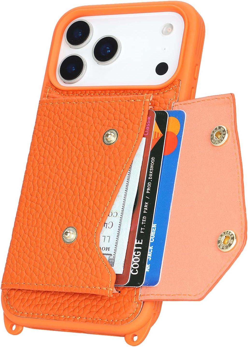 Jaorty Genuine Leather Wallet Case for iPhone 17 Pro, Necklace Lanyard Case Cover with Card Holder & Cash Pocket for Women Girls,Magnetic Snap,Anti-Lost Shoulber Strap 6.3 inch,Orange