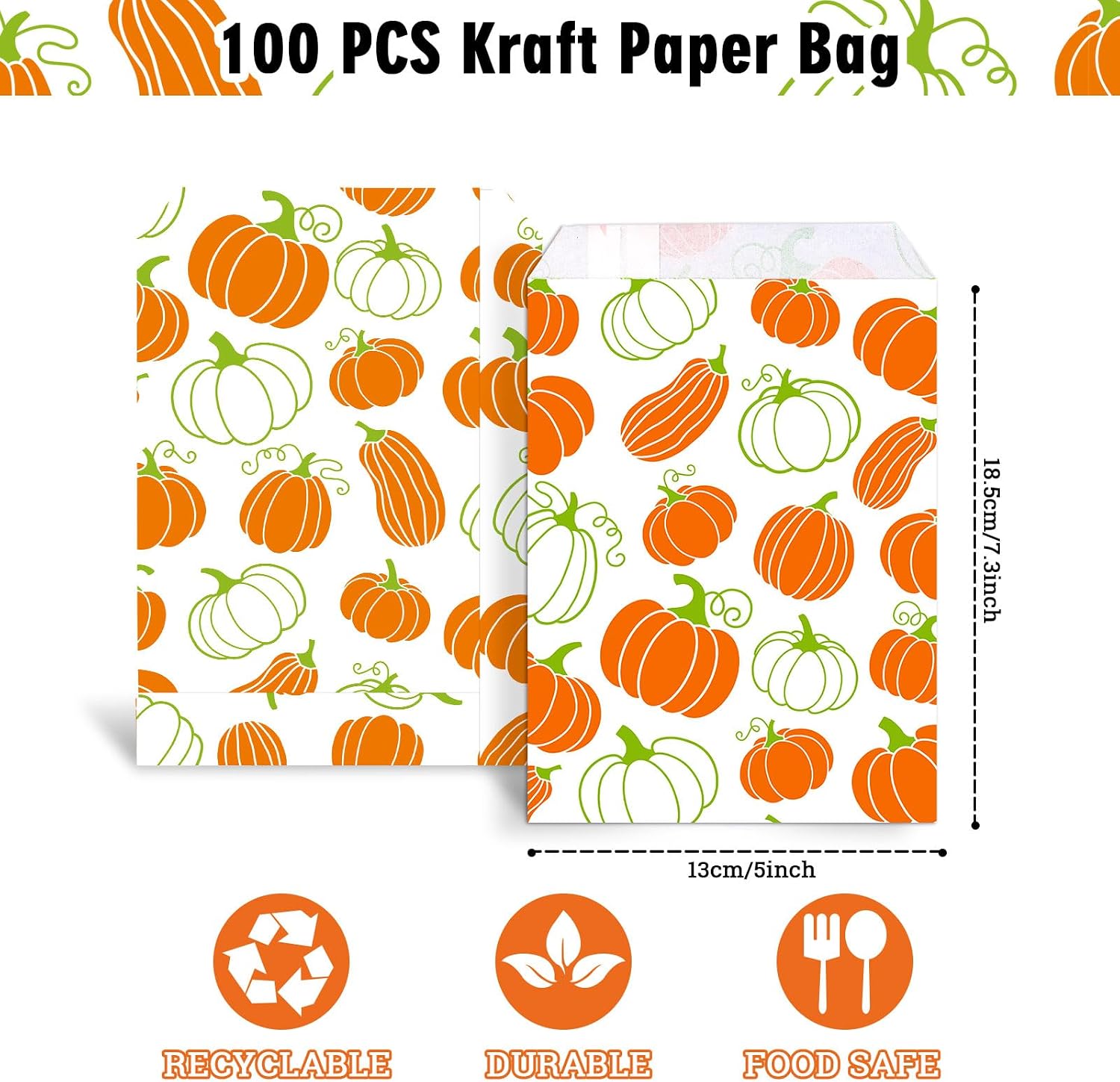 Whaline 100 Pack Fall Treat Bags 5x7.3 Inch Thanksgiving Candy Goodie Bags Maple Leaves Pumpkins Buffet Kraft Snack Bag for Autumn Thanksgiving Party Supplies, 2 Designs image 2