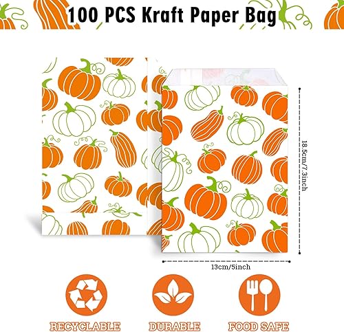 Miniatura 2 de Whaline Paquete de 100 bolsas de regalo de otoño de 5 x 7.3 pulgadas, bolsas de dulces de Acción de Gracias, hojas de arce, calabazas, bolsas de