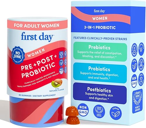 FIRST DAY Gomitas probióticas 3 en 1 para mujer - Prebiótico + probiótico + suplemento postbiótico - Apoya la salud digestiva y oral, función