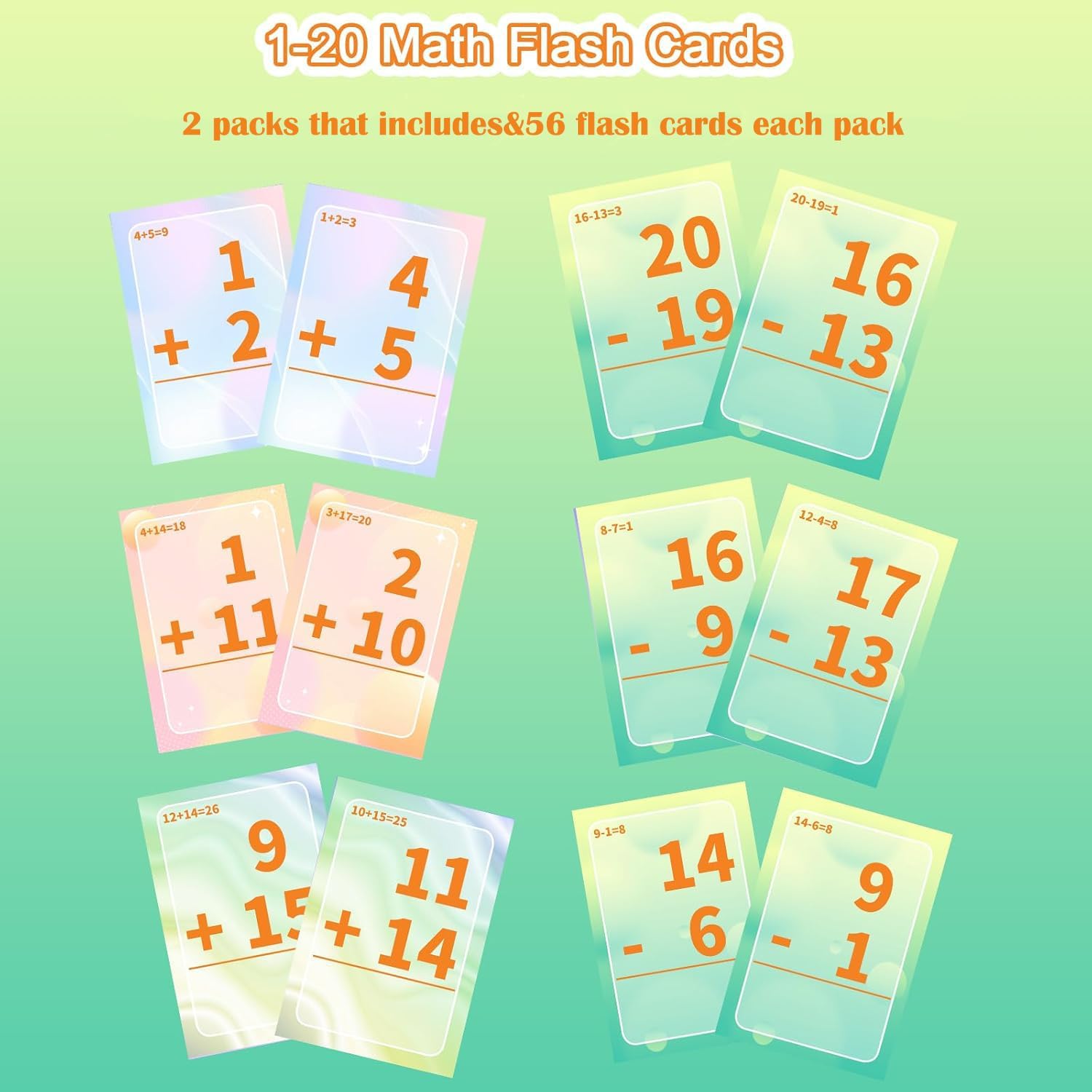 Alened Addition and Subtraction Flash Cards, Math Facts Flashcards 1-20, Math Manipulatives Games for Kindergarten, 1st, 2nd, 3rd, 4th, 5th, 6th Grade Kids Ages 4-12-56cards