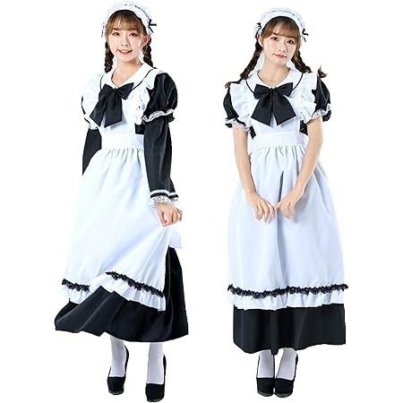 Amazon メイド服 コスプレ 袖セパレート 長袖 ロング ワンピース 可愛い クラシカル コスチューム エプロン ヘッドドレス付き 白 黒 英国風 フリル 衣装 ブラック コスプレ 仮装 通販